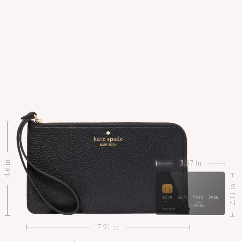 New Kate Spade Lucy Black Textured Leather Zip-Around Wallet Gold Brass Logo